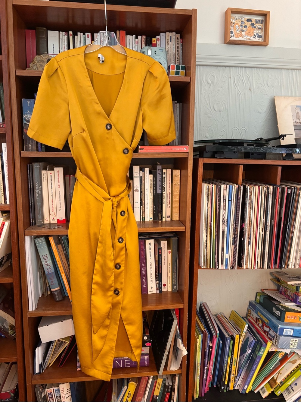 FRNCH Mustard Yellow Wrap Midi Dress with Button Front